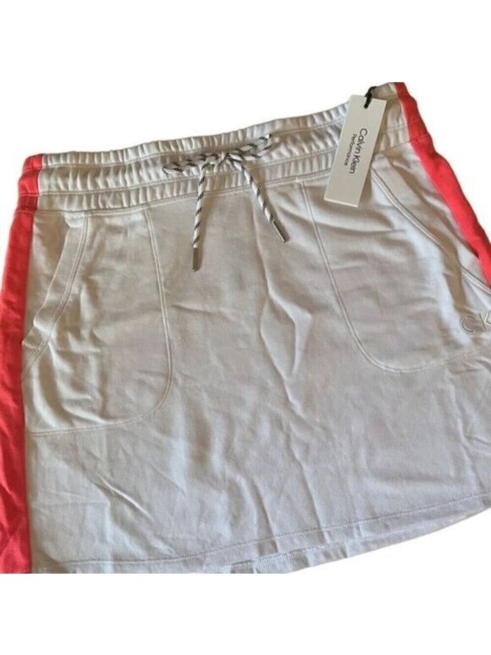 Calvin Klein White Hot Pink Stripe Front Pockets Cotton Blend Skirt Sz M NWT